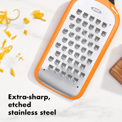 OXO Good Grips Etched Coarse Grater with Handle, Orange | Coarse Kitchen Grater, Sharp Etched Teeth, Non-Slip Handle, Hard Cheese, Vegetables, Chocolate, Easy Grip