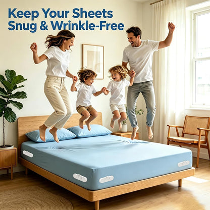 Bed Sheet Holders for Corners, 4 Pack Fitted Sheet Grippers with 8 Locks | 4 Holders + 8 Fasteners, Non-Slip Sheet Clips, Snap Lock Design,Easy Install, Universal For Home Hotel Kid Bed