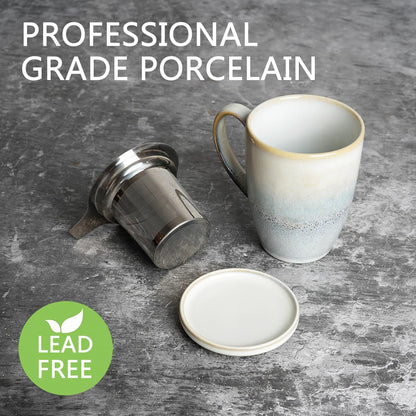 Bosmarlin Ceramic Tea Cup with Infuser and Lid, 13.5 Oz, Loose Leaf Tea Steeper Mug with Strainer, Microwave and Dishwasher Safe, Reactive Glaze (13.5 Oz, Pale Green)