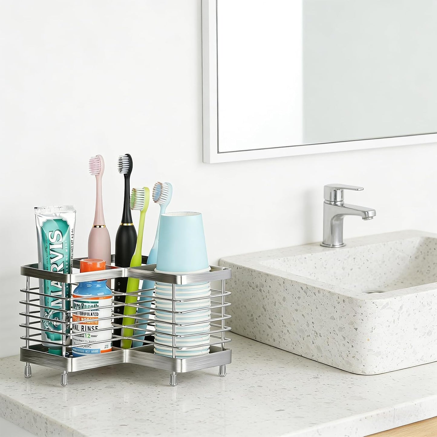 Toothbrush Holders for Bathrooms, 4 Slots Metal Tooth Brushing Organizer | Rustproof Electric Tooth Brush Toothpaste Holder with Drainage for Bathroom Countertop, White
