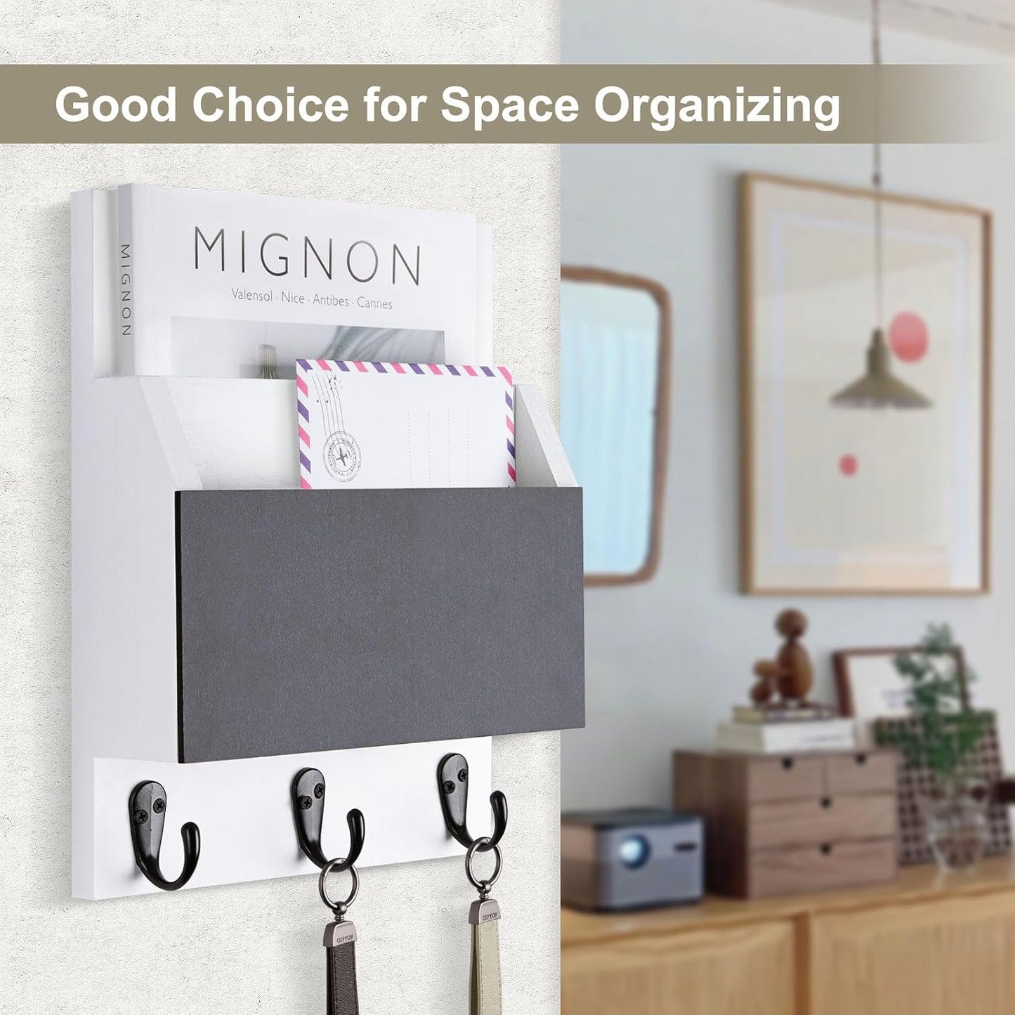 Key and Mail Holder for Wall Mount, Mail Holder with Chalkboard | Mail Organizer with 2 Slot, Key Holder with 3 Sturdy Hooks for Coat, Dog Leash, Decorative Key Rack (8.86”W x 11.42”H x 3”D)