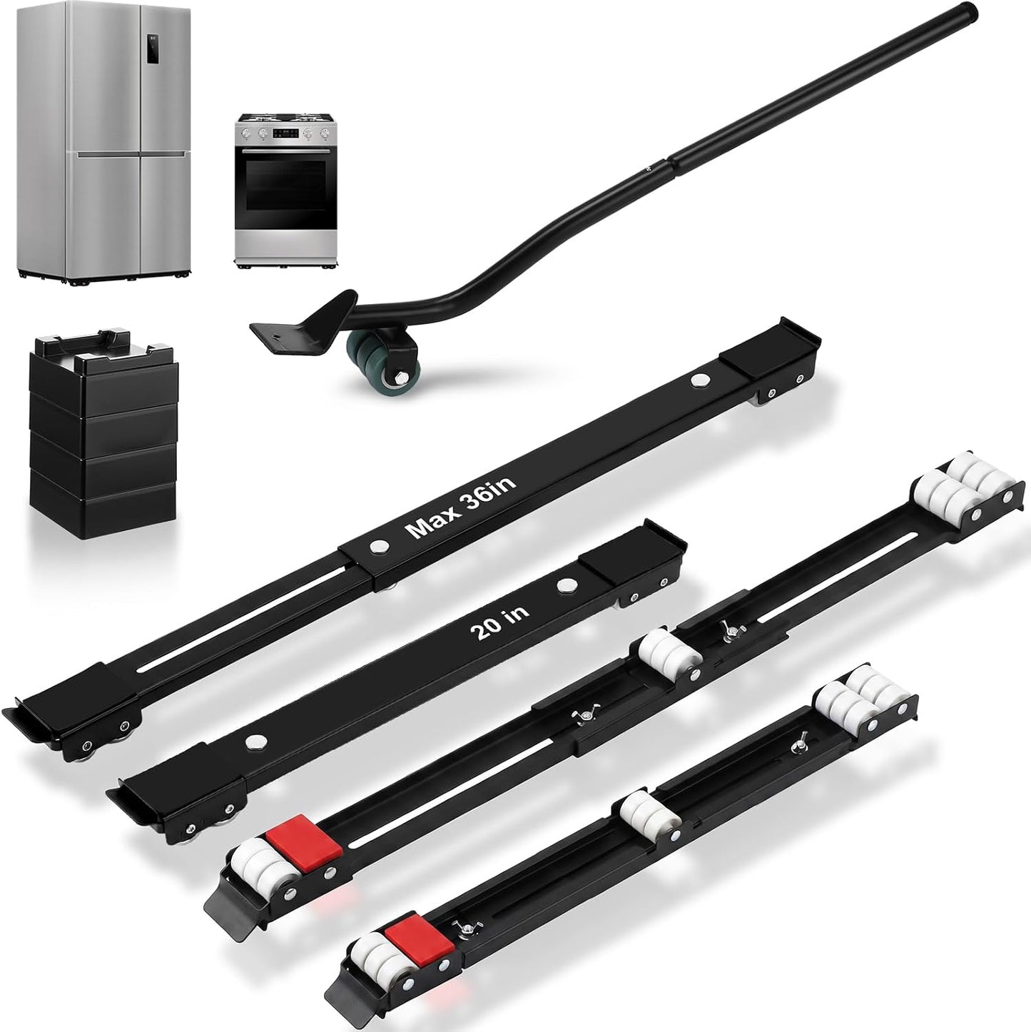 Zonon 2 Sets Appliance Rollers with Furniture Lifter, Heavy Duty Extendable Sliders with 24 Roller Brakes, Holds Up to 660 lb for Washers Dryers, Furniture Moving Tools(Silver,18 to 28 Inches)