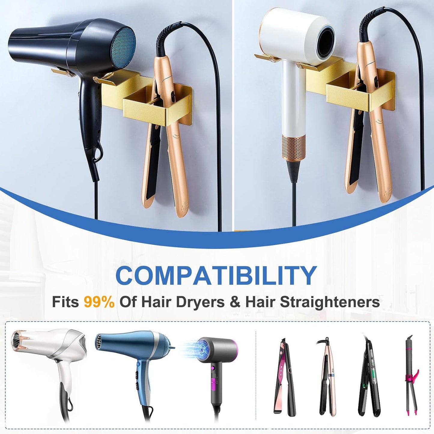 Hair Dryer Holder Wall Mounted, Hair Straightener Holder Metal, Adhesive Blow Dryer and Hair Straightener Holder, Bathroom Bedroom Hair Tool Organizer for Flat Iron,Curling Iron,Hairdryer (White)