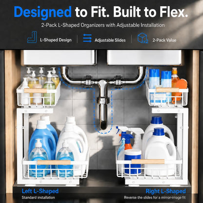 Under Sink Organizer 2 Pack, Double Slide Out Metal Shelf, Black | Pull Out Kitchen Storage Cabinet Organizer, 2-Tier Under Sink Storage Rack for Bathroom Laundry Kitchen Storage with Drawer