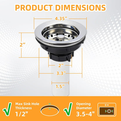 Kitchen Sink Drain Assembly, Basket Strainer with Knob, 3-1/2 Inch Sink Drain Stopper Plug, Threaded Plastic Sink Strainer Tailpiece 1-1/2 in