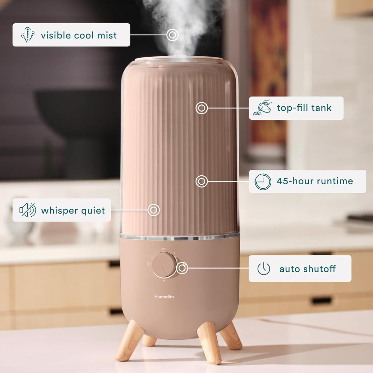 Homedics Ultrasonic Humidifier, Bedrooms and Home Offices, 0.97-Gallon Tank