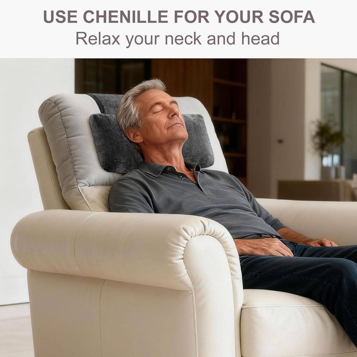 Chenille Neck Pillow for Sofa - Adjustable Headrest, Non-Slip Neck Support Cushion for Pain Relief, Comfortable Chair Pillow, Gray