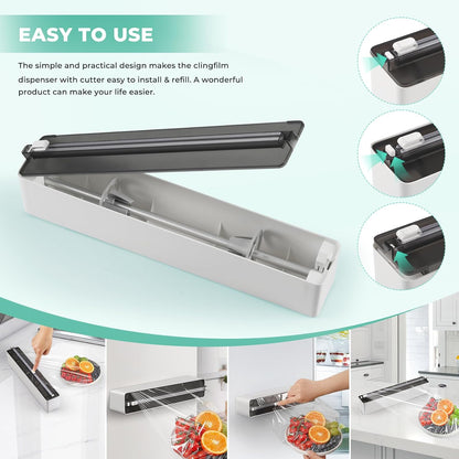 Magnetic Plastic Wrap Dispenser with Cutter - Practical Refillable Aluminum Tin Foil and Plastic Wrap Organizer for Drawer, Including an Extra Roll of 12"X 164' Food Cling Film - Black
