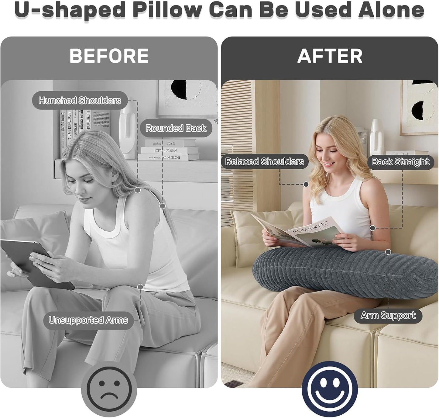 Reading Pillow for Bed, Backrest Pillow with Arms for Adult | Bed Pillow for Sitting Up, Back Support Pillows for Sleeping, Reading and Gaming with Shredded Memory Foam, Gray