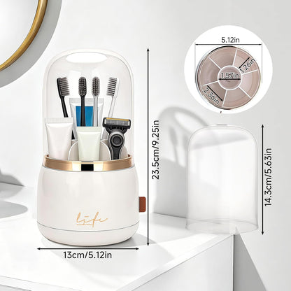 360 Rotating Toothbrush Holders for Bathrooms, 7-Slot Toothbrush Holder with Cover & Drainage, Bathroom Countertop Organizer for Electric Toothbrushes, Toothpaste & Makeup Brushes