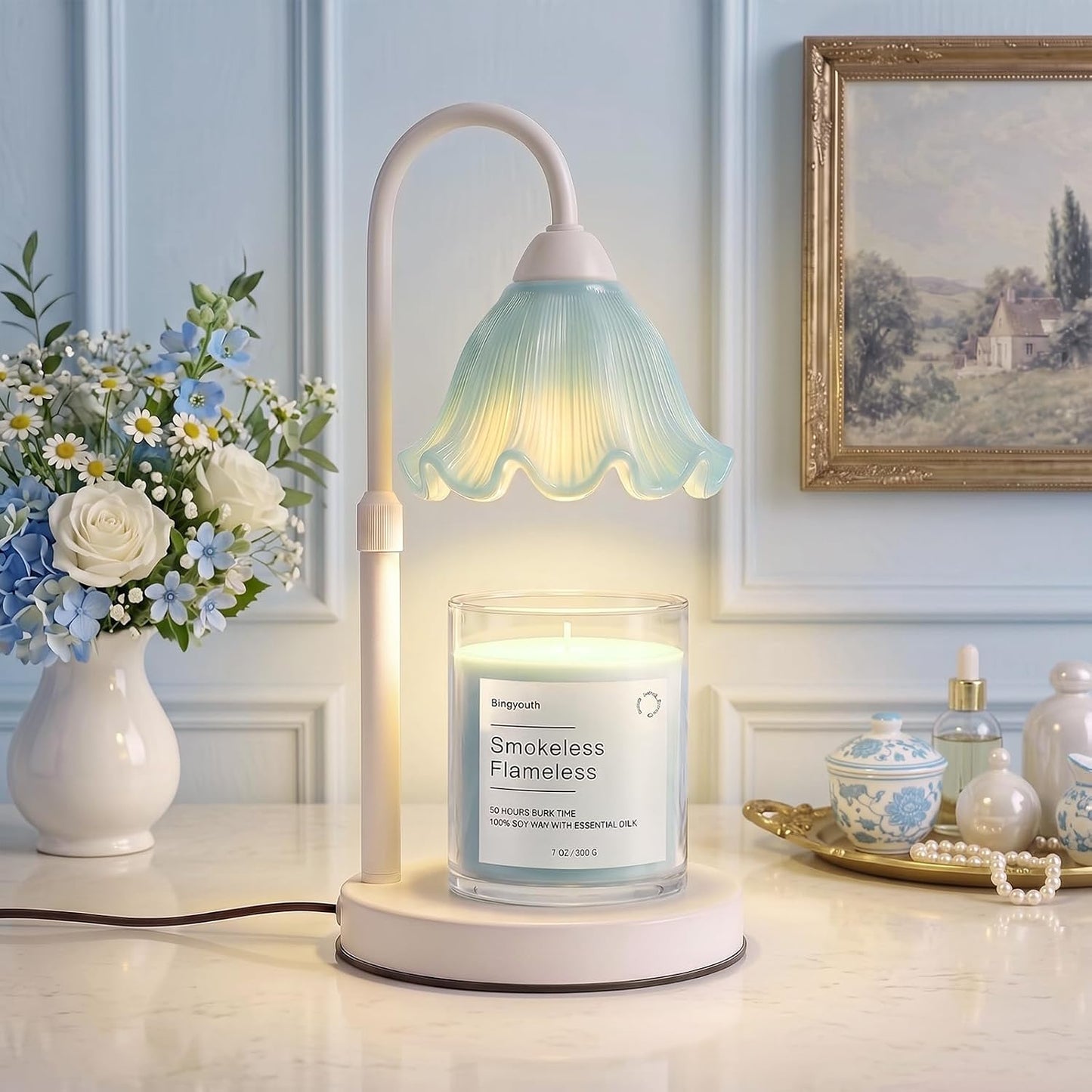 Candle Warmer Lamp with Timer, Modern Farmhouse Candle Warmer for jar Candles, Electric Wax Warmer, Includes 2 Bulbs, Housewarming, Birthday Gift for Women, Mom - White Pleated