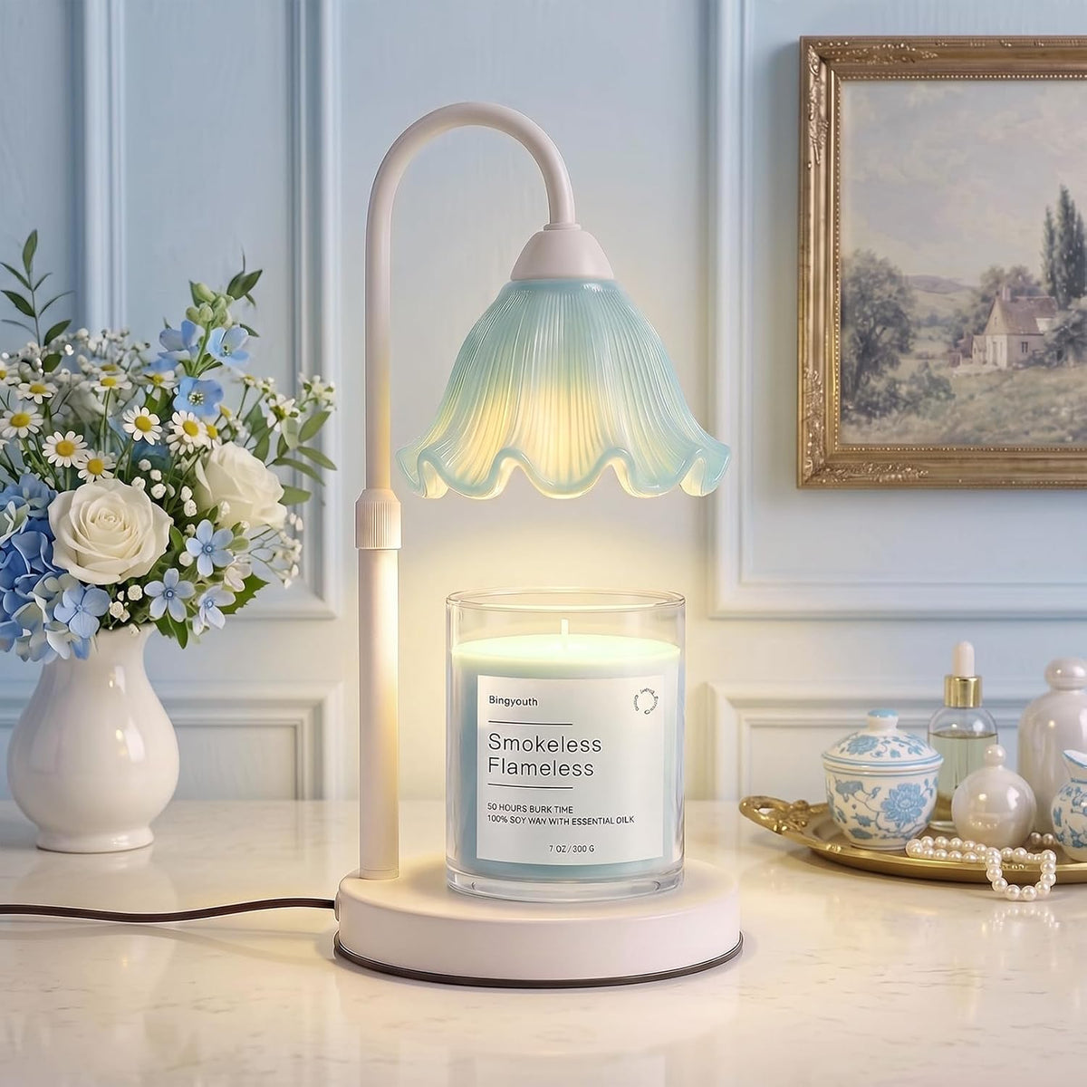 Candle Warmer Lamp with Timer, Modern Candle Warmer for Jar Candles, Electric Wax Warmer, Includes 2 Bulbs, Housewarming, Birthday Gift for Women, Mom - White Pleated