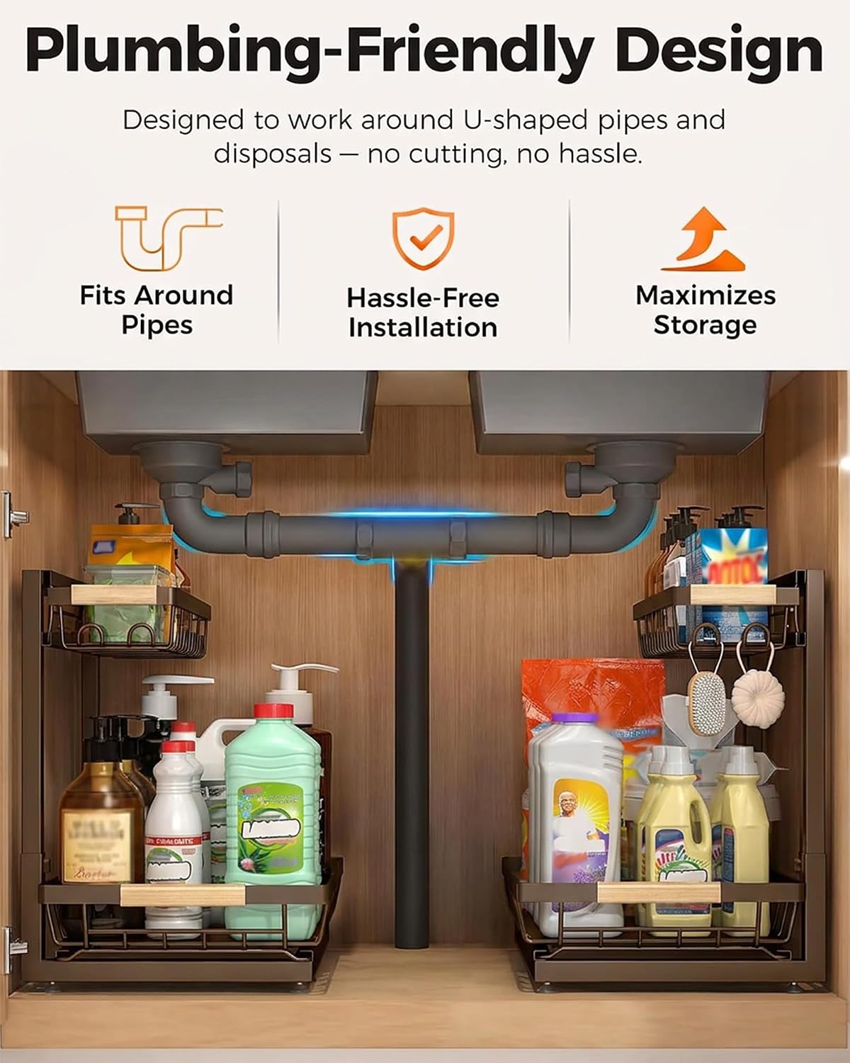 2-Pack 2-Tier Height Adjustable Under Sink Organizer & Storage | Multi-purpose storage for kitchen & bathroom cabinet. Large black shelf, height adjustable design for space-saving.