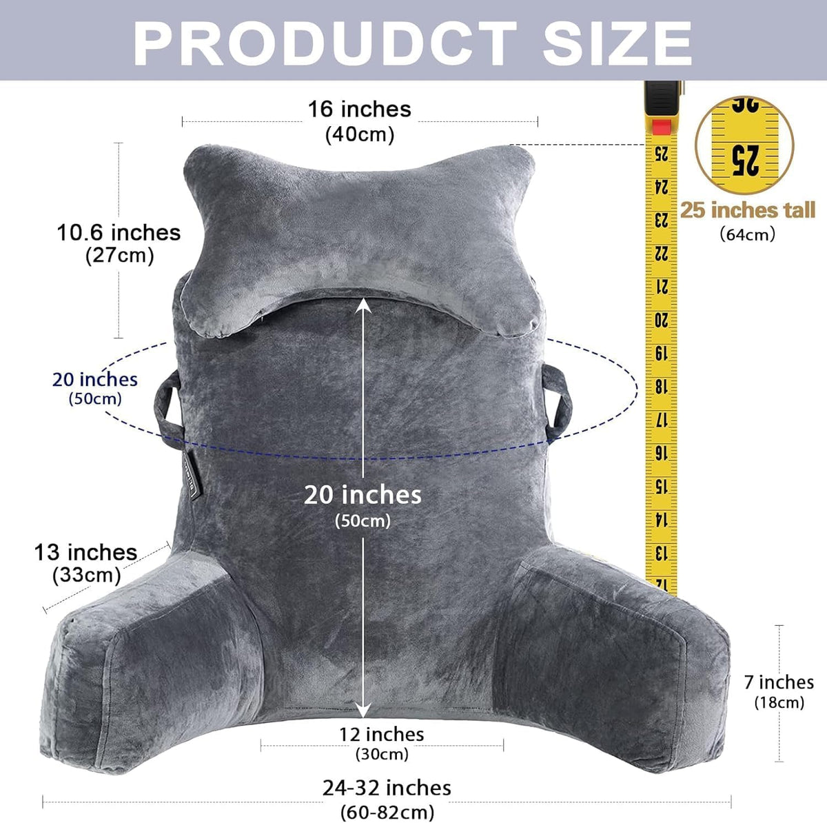 SLIGUY Reading Pillow-Bed Rest Pillow with Detachable Neck Roll & Support Arm for Sitting in Bed Couch or Floor-Backrest Reading Pillow Adult Back Pillow for Reading/Watching TV/Gaming,Dark Grey