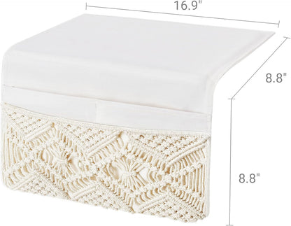 Mkono Macrame Bedside Caddy, Boho Bed Storage Organizer, 4 Pockets Ivory | Dorm Room Bed Caddy, Home Decor, Remote Control Magazine Glasses, Bedroom Living Room, Non-Slip, Space Saving Holder