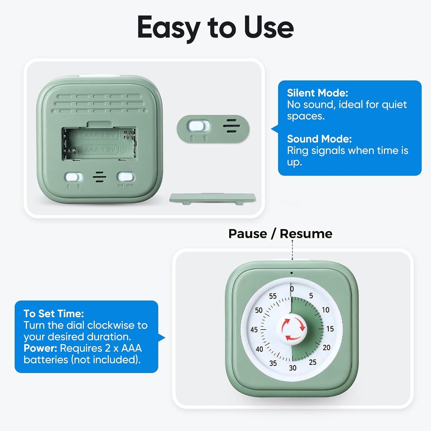 60 Minute Visual Timer for Kids, Silent Countdown Clock, Time Management Tool for Homeschool Study Supplies, Classroom, Home, Kitchen, Desk (Green)