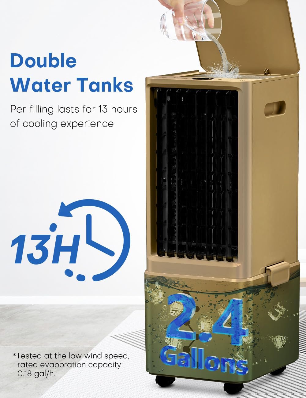 Portable Air Conditioners 4 Modes&3 Speeds,4 Ice Packs, Waterless Alert System, 12H Timer, Remote,1 Gal Detachable Water Tank, 70°Oscillation Windowless Evaporative Air Cooler for Room Office