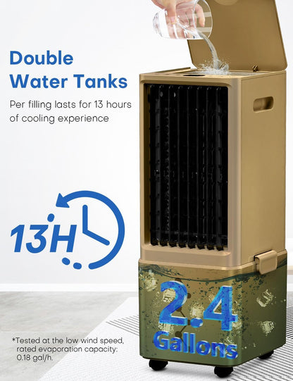 Portable Air Conditioners 4 Modes&3 Speeds,4 Ice Packs, Waterless Alert System, 12H Timer, Remote,1 Gal Detachable Water Tank, 70°Oscillation Windowless Evaporative Air Cooler for Room Office