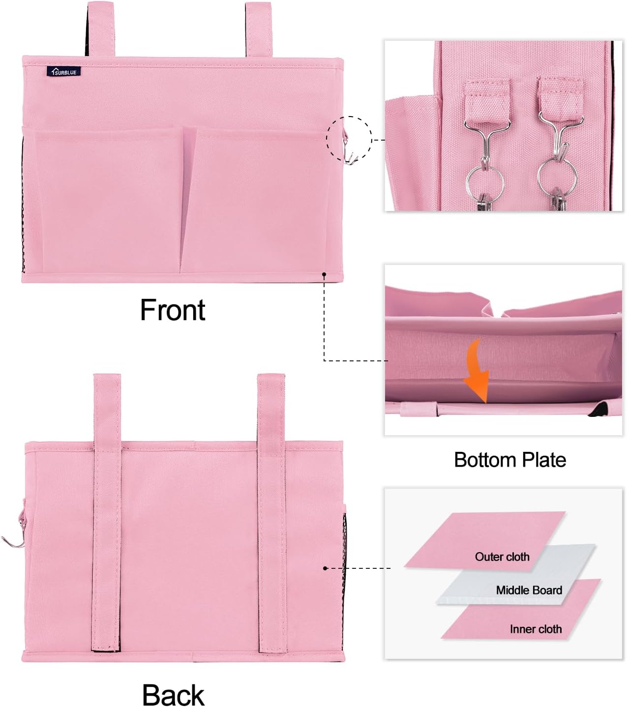 Surblue Bedside Caddy Hanging Organizer Storage Bag Pocket for Bunk, Hospital, College Dorm Rooms, Baby Bed Rails, Camp - 4 Pockets, 2 Hooks (Blue)
