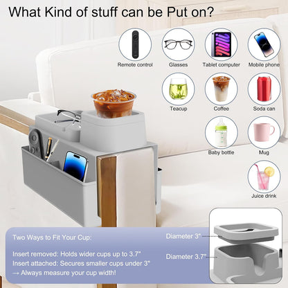 Couch Cup Holder Tray - Silicone Sofa Armrest Organizer Slate Gray | couch caddy with side pockets for drinks, phone, remote; sofa arm chair table arm chair caddy for recliner armrest organizer