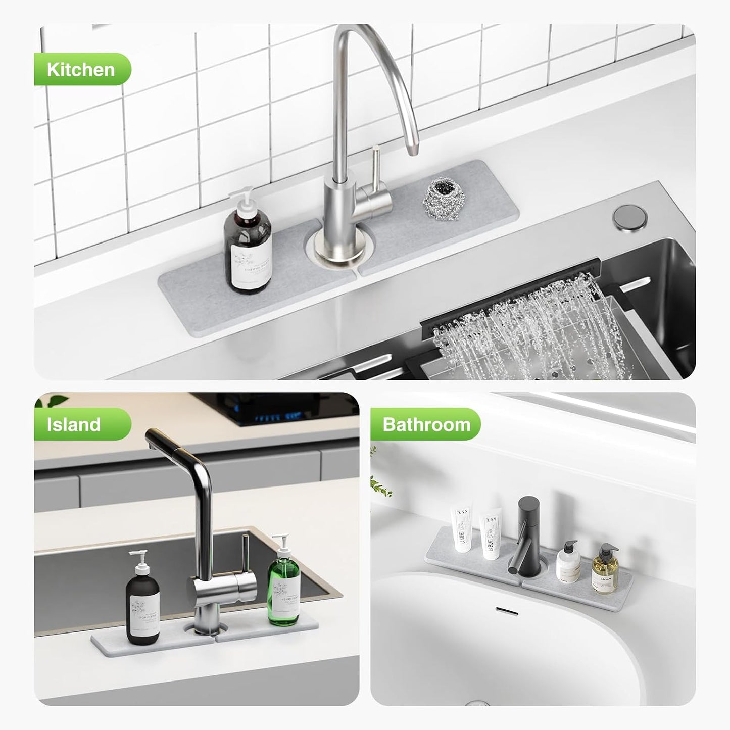 Premium Stone Faucet Mat for Kitchen Sink, 30" x 4" White | Quick Drying & Water Absorbent, Sink Splash Guard Tray for Prevents Moisture Buildup