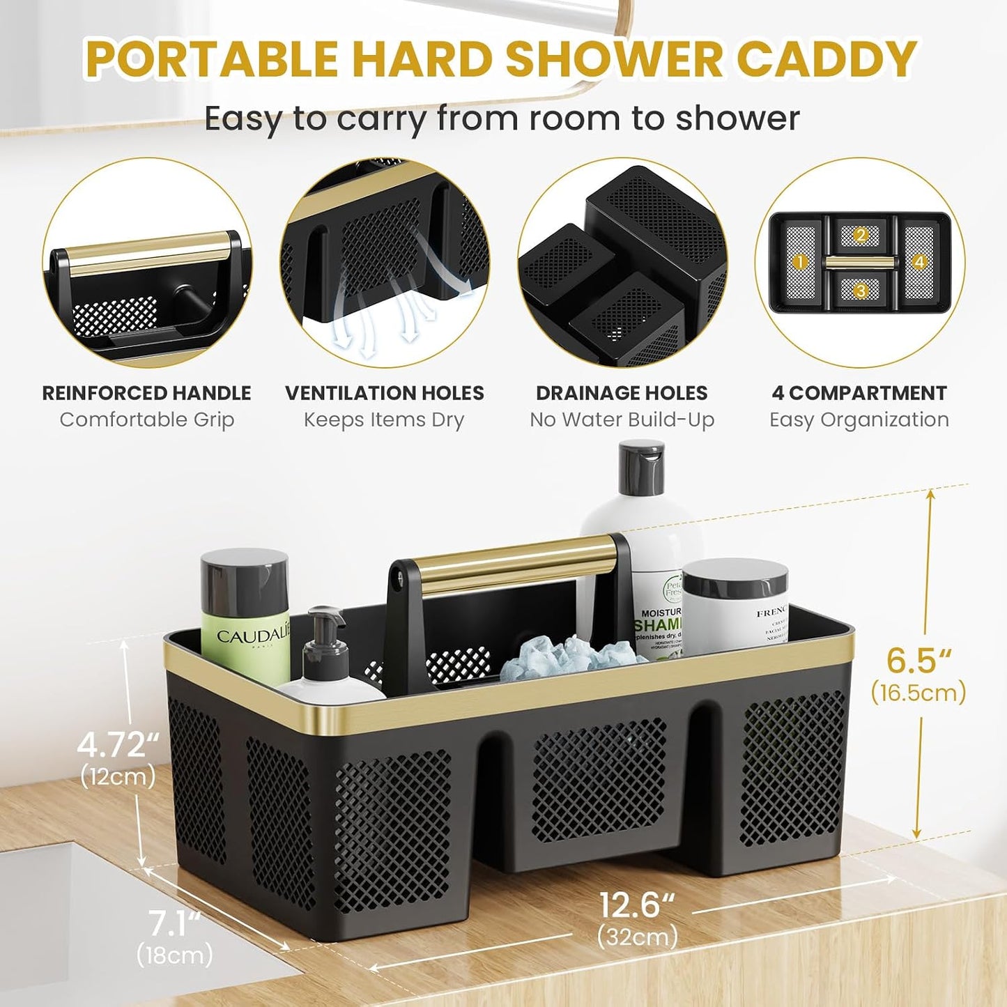 BYUNER Portable Cleaning & Shower Caddy with Handle: Rigid Plastic Basket with 4 Divided Compartments, All-Side Drainage for College Dorm, Bathroom & Utility Use, Black/Gold