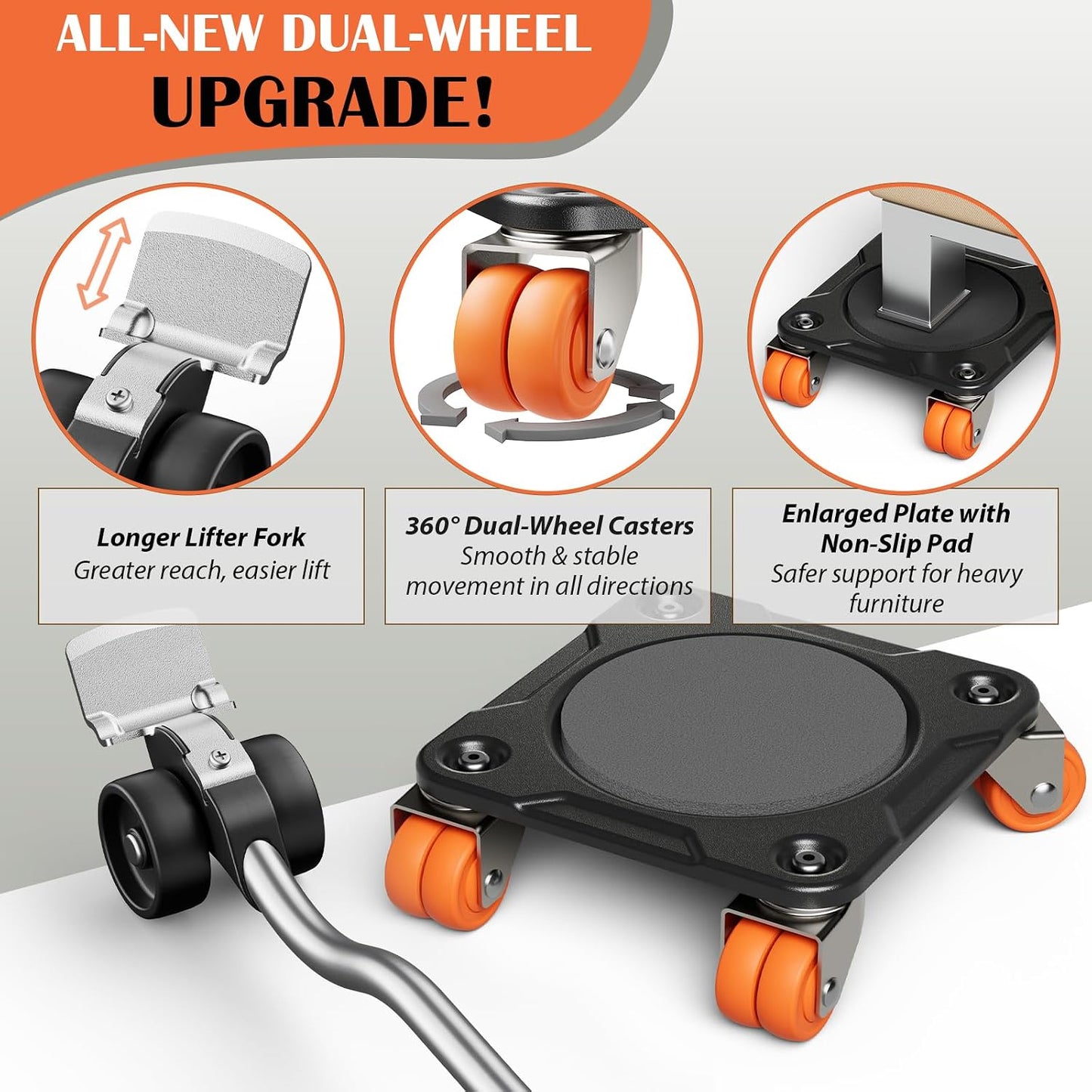 ONEON Heavy Duty Furniture Movers with Wheels Dolly with Auxiliary Lifter, All-New Upgraded Carbon Steel Panels & Dual-Wheeled Casters, Supports up to 1650 lbs (L)