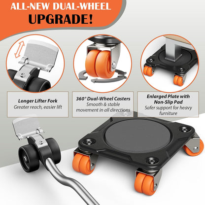 ONEON Heavy Duty Furniture Movers with Wheels Dolly with Auxiliary Lifter, All-New Upgraded Carbon Steel Panels & Dual-Wheeled Casters, Supports up to 1650 lbs (L)