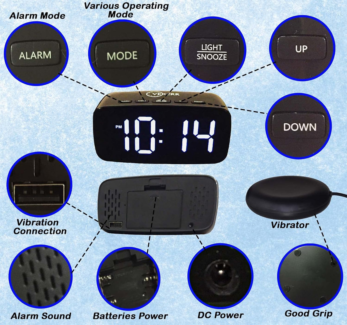 Loud Alarm Clock with Bed Shaker, Vibrating Alarm Clock for Heavy Sleepers, Multifunctional Digital Alarm Clock, Deaf and Hard of Hearing, Full Range Dimmer and Battery Backup (Black, 1)