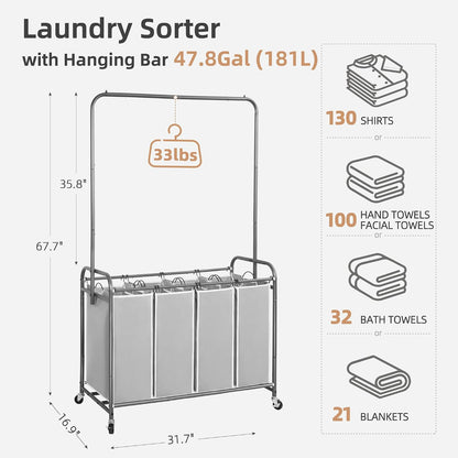 STORAGE MANIAC Laundry Sorter with Hanging Bar, Portable, Removable Laundry Hamper Cart with Heavy Duty Lockable Wheels and Removable Bags, Rolling Laundry Basket Organizer 181L, 4 Section Gray