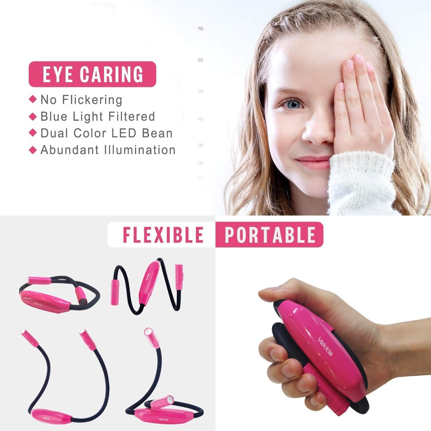 Vekkia Lightweight Neck Reading Light - 3 Colors, 9 Brightness | For Bed Reading, Knitting, Sewing, Crafting. Appeals to Repair & Craft Fans （Pink)