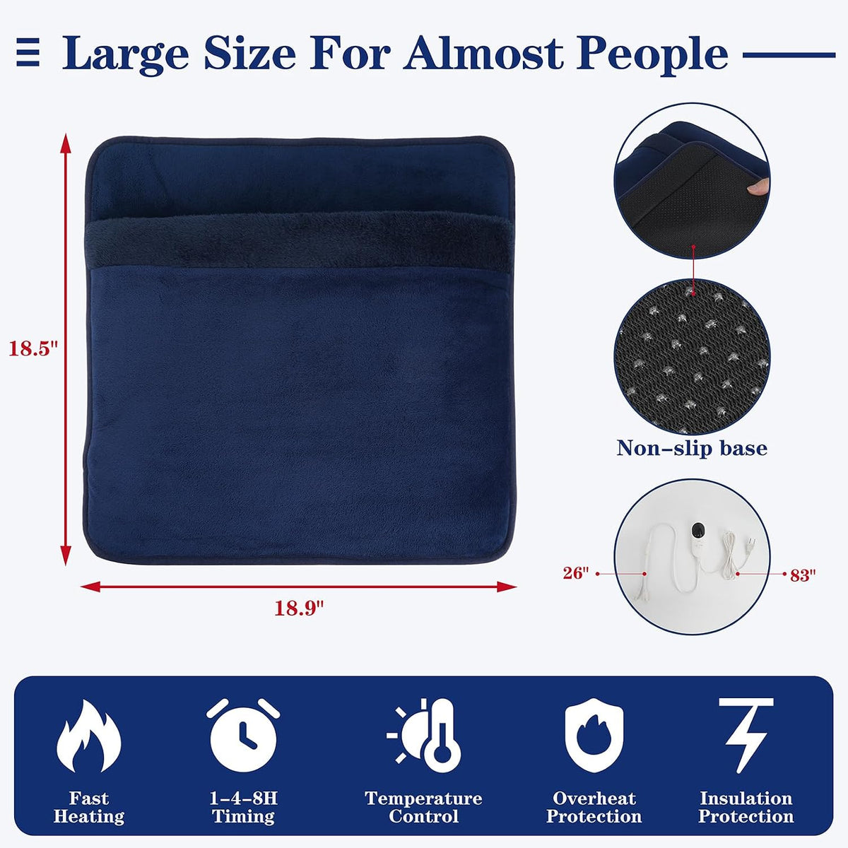Double Sided Electric Foot Warmer with LCD Display, Foot Heating Pad, Navy