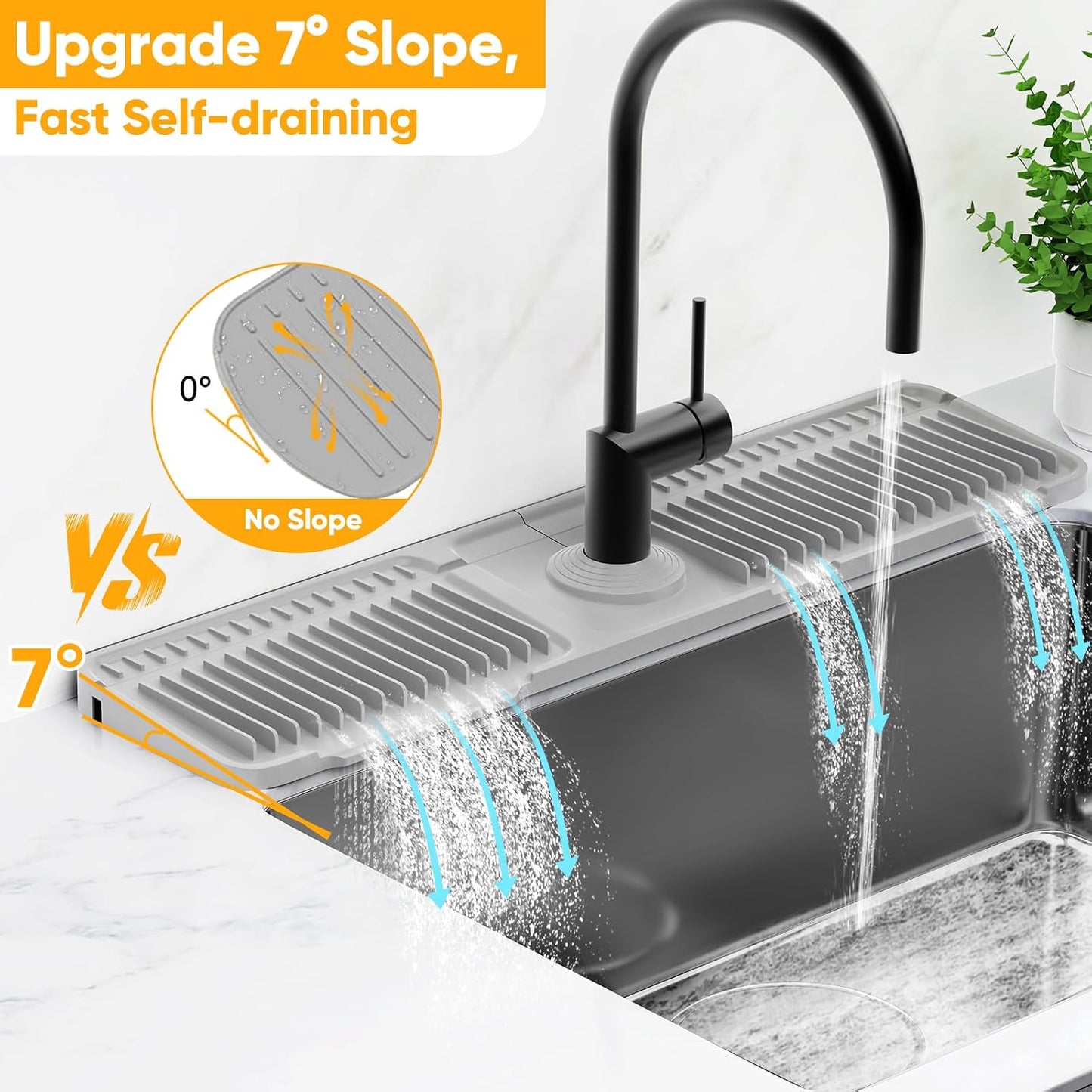 24'' Longer Faucet Mat for Kitchen Sink Splash Guard[7° Slope Fast Self-draining][Snap Lock Fit]Kitchen Sink Faucet Mat Splash Guard Kitchen Sink Area Water Splash Guard Behind Faucet Draining Mat