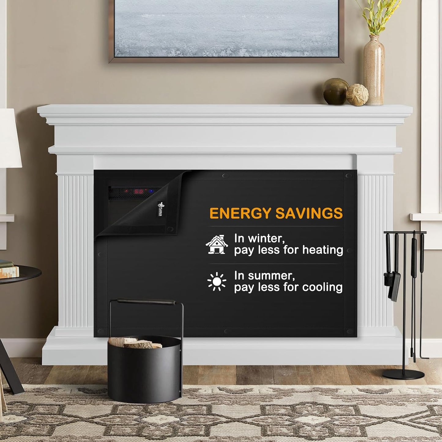 FLASLD Magnet Fireplace Cover Blocker, 36" x 32" Fireplace Blanket Stops Overnight Heat Loss, Fireplace Draft Stopper Save Energy Black