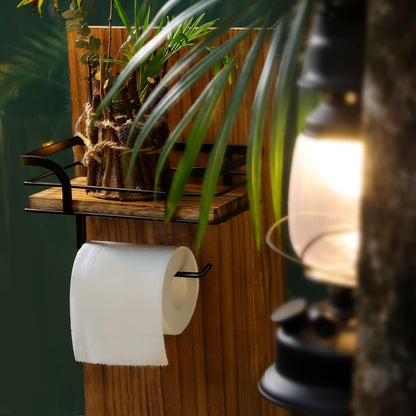 Rustic Farmhouse Toilet Paper Holder with Shelf - Farmhouse Bathroom Rustic Country Decor - Rustic Bathroom Accessories with Warm Brown Wood Shelf for Wipes&Cell Phone&Reading, Black Metal