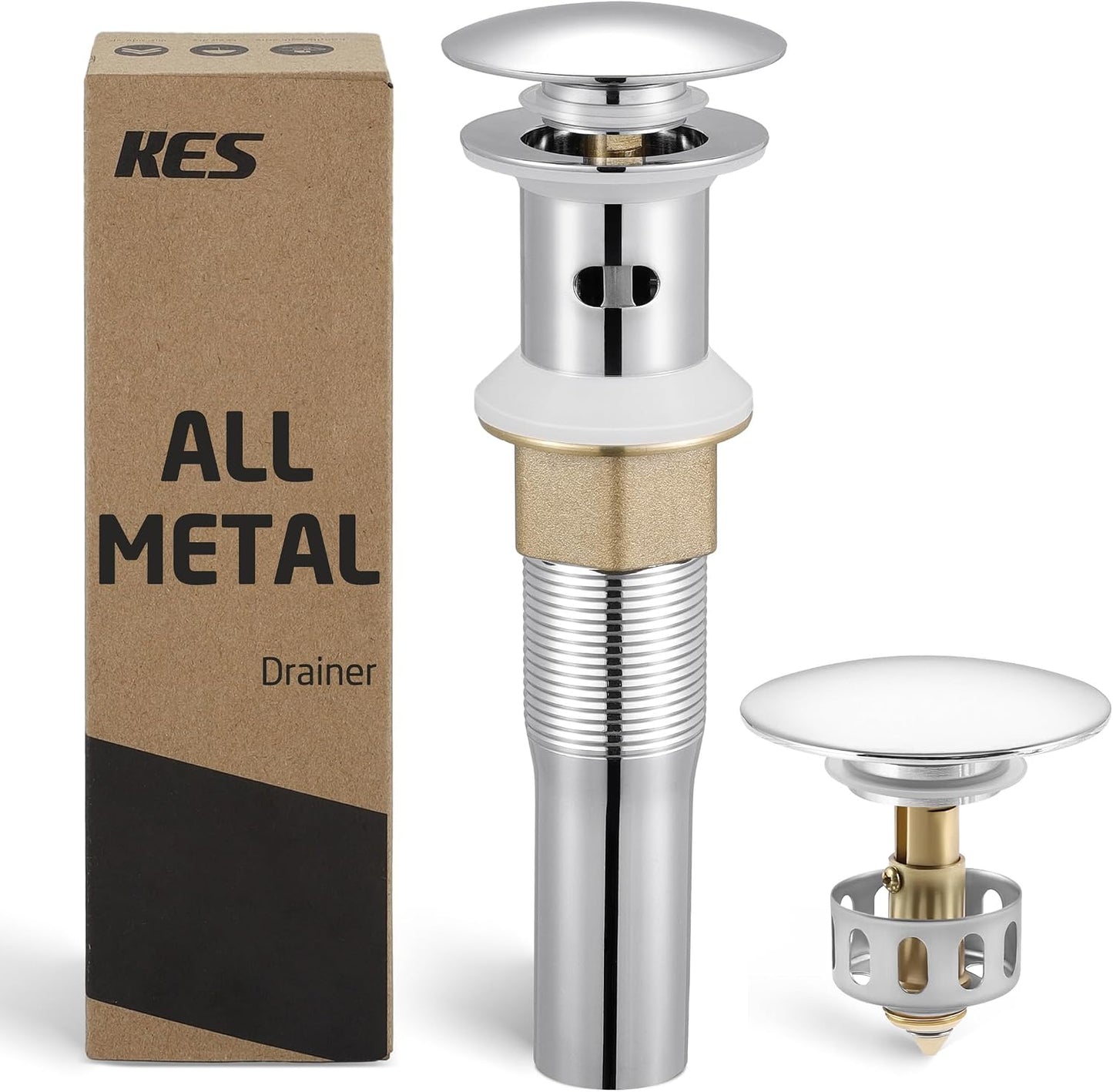 KES All Metal Bathroom Sink Drain with Strainer Basket Hair Catcher Anti Clog Pop Up Drain Stopper for Lavatory Vanity Vessel Sink with Overflow, Rustproof 18/8 Stainless Steel Matte Black S2013A-BK