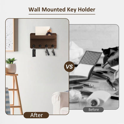 Nekon Key Holder Wall Mount, 8.5 Inch Small Wooden Wall Organizer, Black | Rustic Wall Shelf, Farmhouse Key and Mail Holder for Living Room Entryway Kitchen