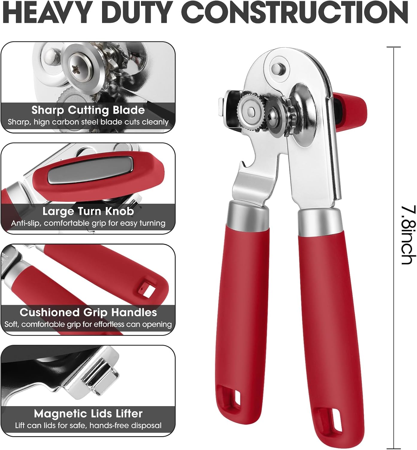 UHIYEE Hand Held Can Opener Manual with Magnet for Home Kitchen, Black | Easy Work, Premium 420J2 Steel, Magnetic Lid Lifter, Easy-Turn Oversized Knob, Arthritis Friendly, Smooth Edge