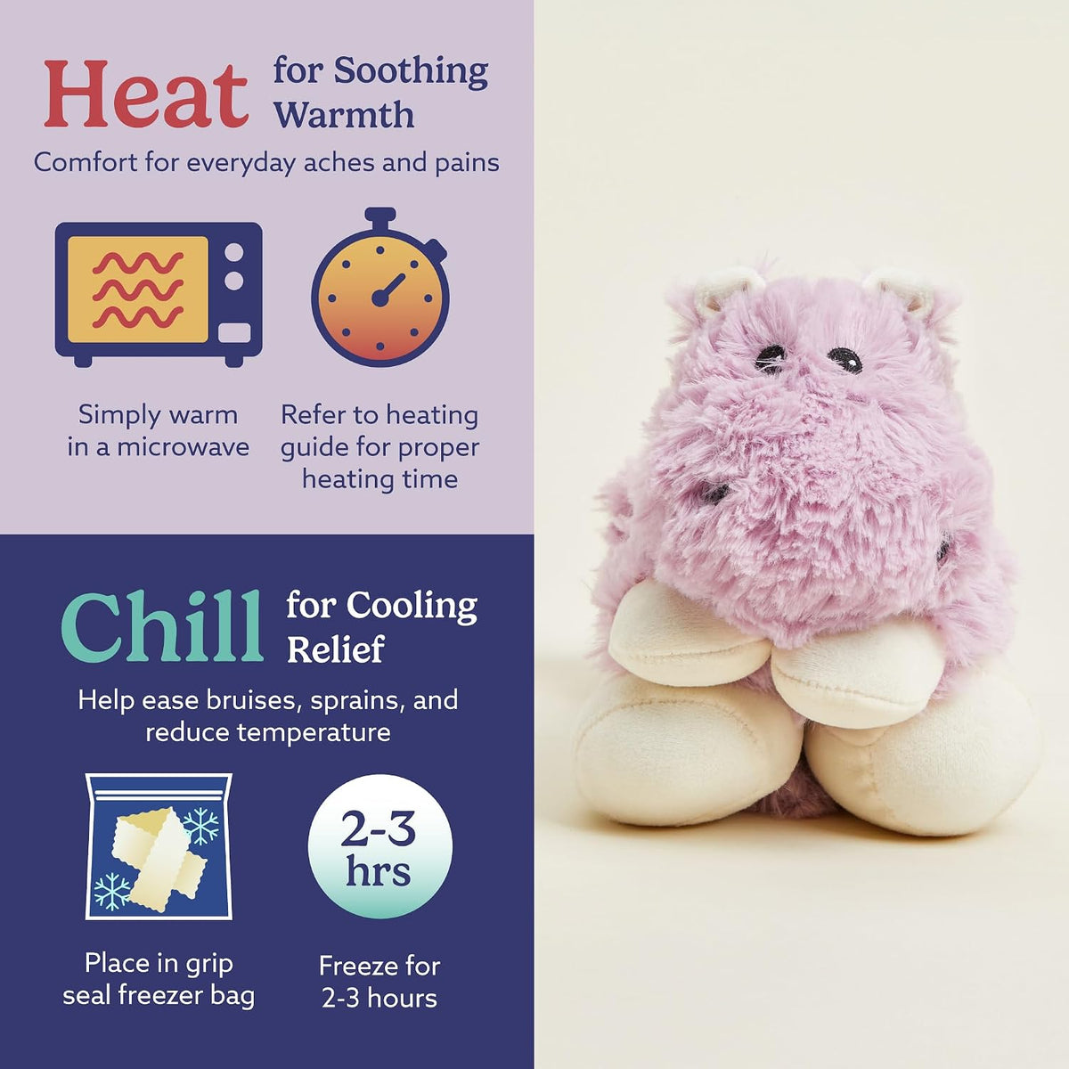 warmies Microwavable Neck & Shoulder Wrap - Heating & Cooling Plush Pad for Calming Relaxation - Weighted & Heated Neck Warmer with Scented Lavender - Microwave Heat Pad for Aches & Pain - Hippo