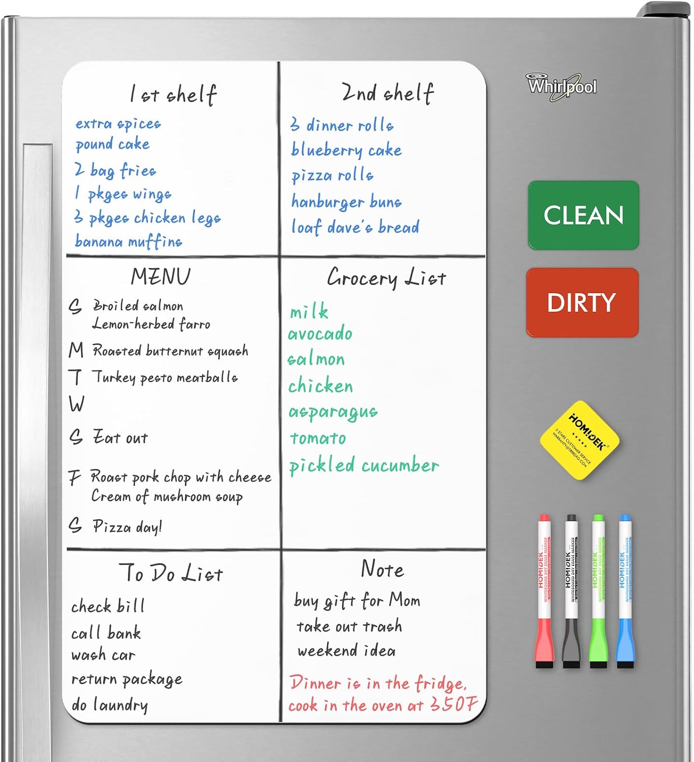 Magnetic Dry Erase Board: Small Fridge Whiteboard, Flexible Refrigerator Magnet White Board, Blank Writing Note Sheet with Dishwasher Magnet Clean Dirty Sign, 4 Markers & Eraser - 12 x 8
