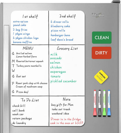 Magnetic Dry Erase Board: Small Fridge Whiteboard, Flexible Refrigerator Magnet White Board, Blank Writing Note Sheet with Dishwasher Magnet Clean Dirty Sign, 4 Markers & Eraser - 12 x 8
