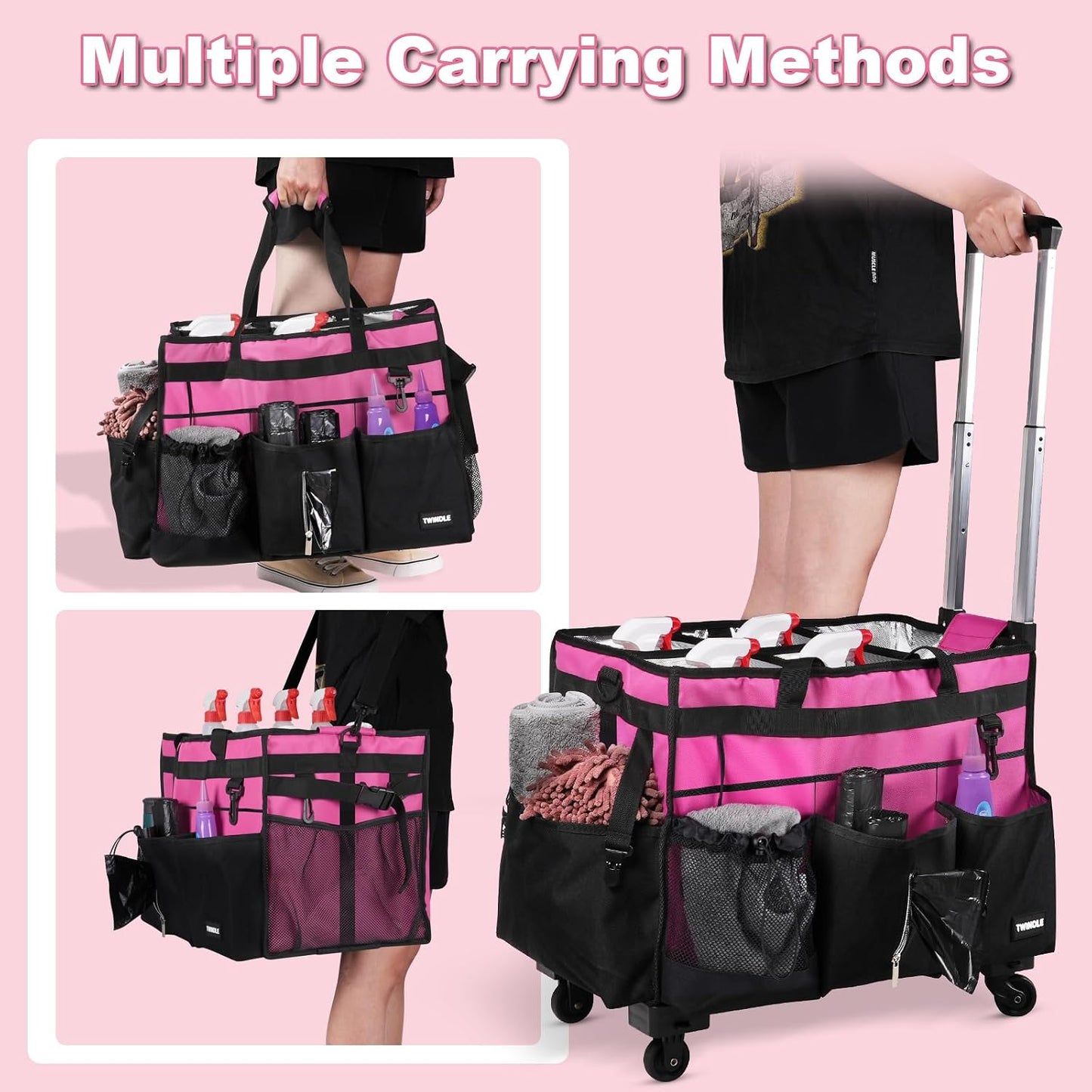 Extra Large Cleaning Caddy Bag with Built-In Support Board, Cleaning Tote Organizer with Removable Divider, Supply Carryall with Adjustable Shoulder Strap and Waist Belt for Cleaners & Housekeeper