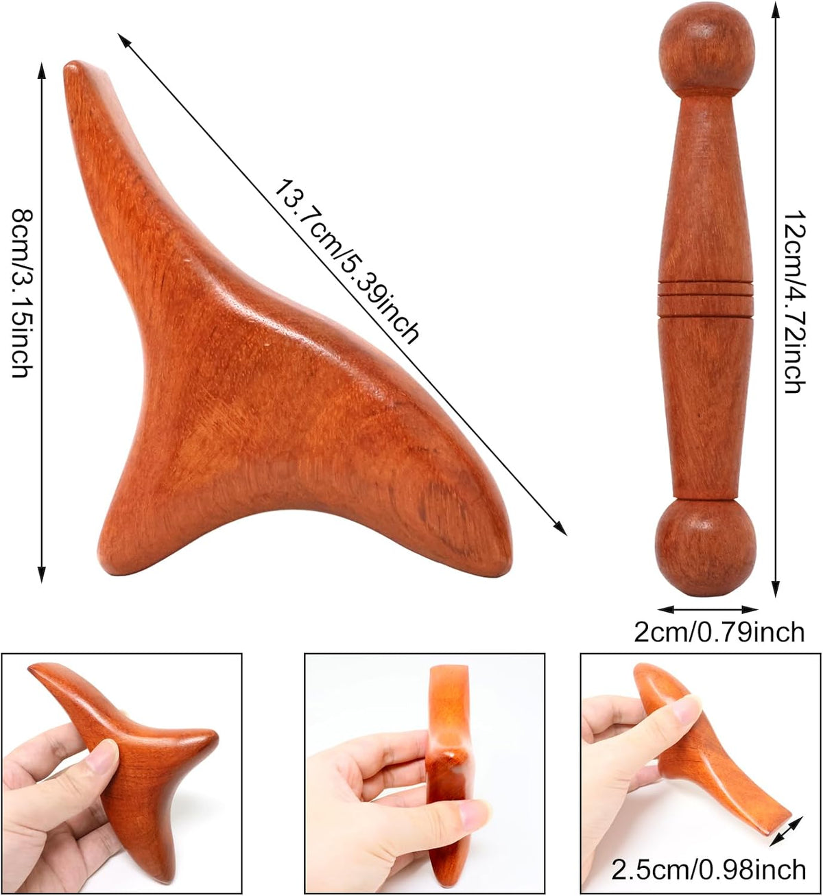 Honbay 2PCS Reflexology Tools Wood Body Massager Triangle Gua Sha Board Scraping Board Foot Massage Stick Tool Head Neck Hand Waist Calf Leg Foot Massager (Camphor Wood)