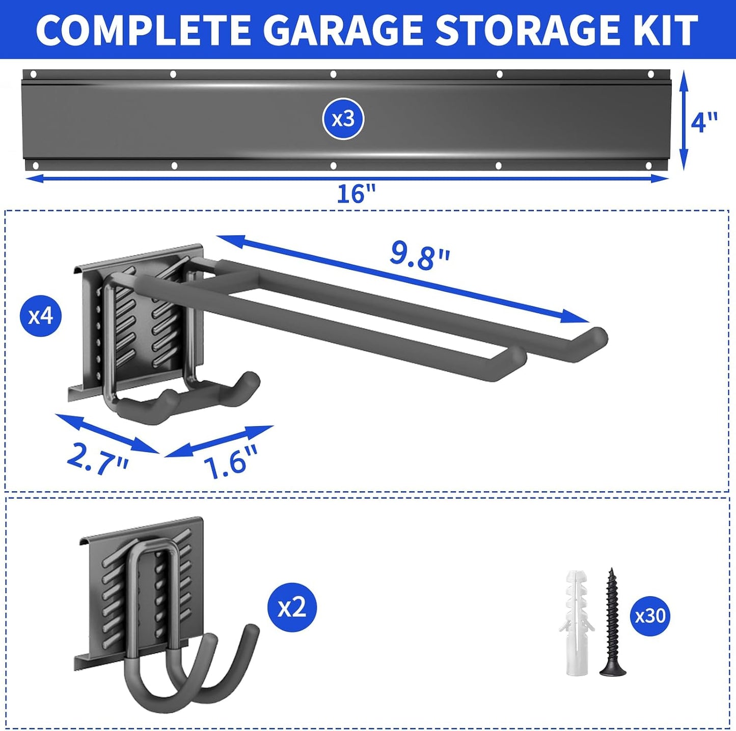 Garage Tool Organizer Wall Mount, 48 Inch Heavy Duty Garden Tool Organizer Storage System, Easy Install with 6 Adjustable Straight Hooks, for Garage, Basement, Shed, Workshop, Black, Steel