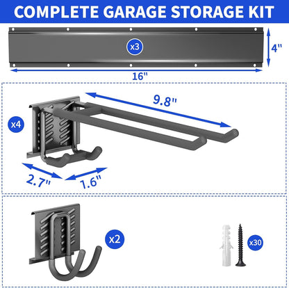 Garage Tool Organizer Wall Mount, 48 Inch Heavy Duty Garden Tool Organizer Storage System, Easy Install with 6 Adjustable Straight Hooks, for Garage, Basement, Shed, Workshop, Black, Steel