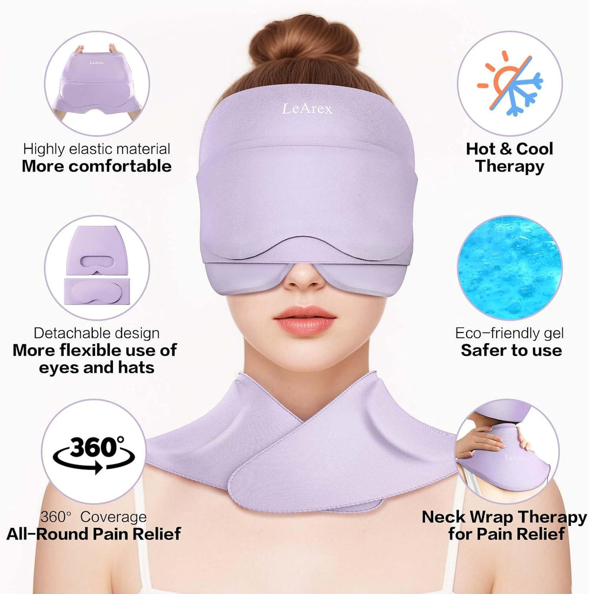 3 in 1 Migraine Relief Cap Neck Ice Pack Wrap Gel and Ice Eye Masks, Detachable Ice Caps with Eyes Masks, Hot and Cold Therapy for Relief of Headaches, Stiff Neck and Eye Fatigue (Purple)