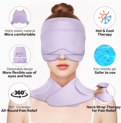 3 in 1 Migraine Relief Cap Neck Ice Pack Wrap Gel and Ice Eye Masks, Detachable Ice Caps with Eyes Masks, Hot and Cold Therapy for Relief of Headaches, Stiff Neck and Eye Fatigue (Purple)