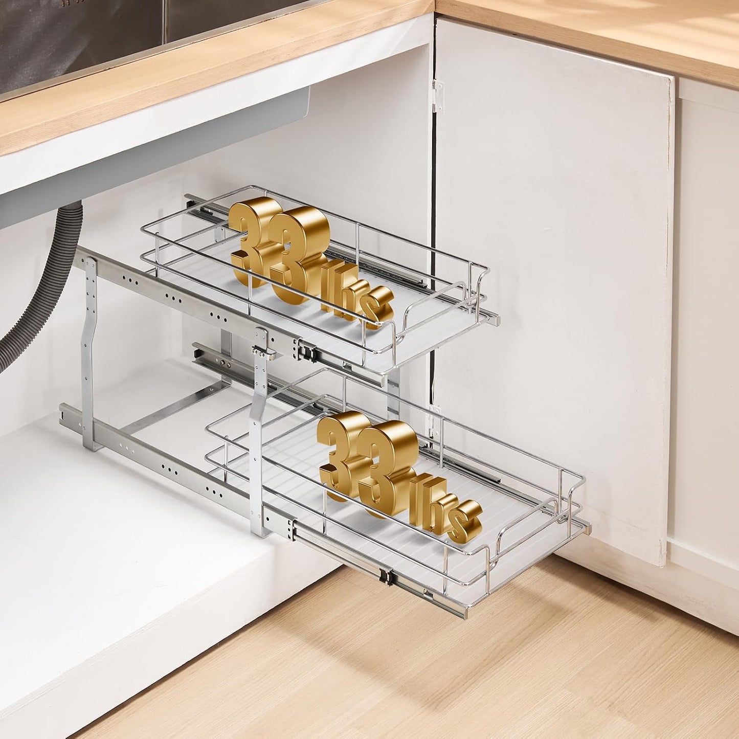 VEVOR Pull Out Cabinet Organizer, 14" Wx21.2 Dx15.2 H Heavy 2 Tier Duty Slide Out Pantry Shelves, Chrome-Plated Steel Roll Out Drawer for Under Sink, 15.5" Wx22.5 Dx19 H Install Size for Cabinet