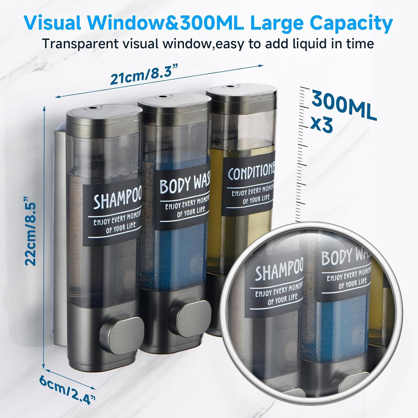 Shampoo and Conditioner Dispenser,GlintGath Shower Dispenser 2 Chamber No Drill Shampoo Dispenser for Shower Wall Mounted Shower Soap Dispenser for Bathroom Hotel,2 * 300ML,Matte Black