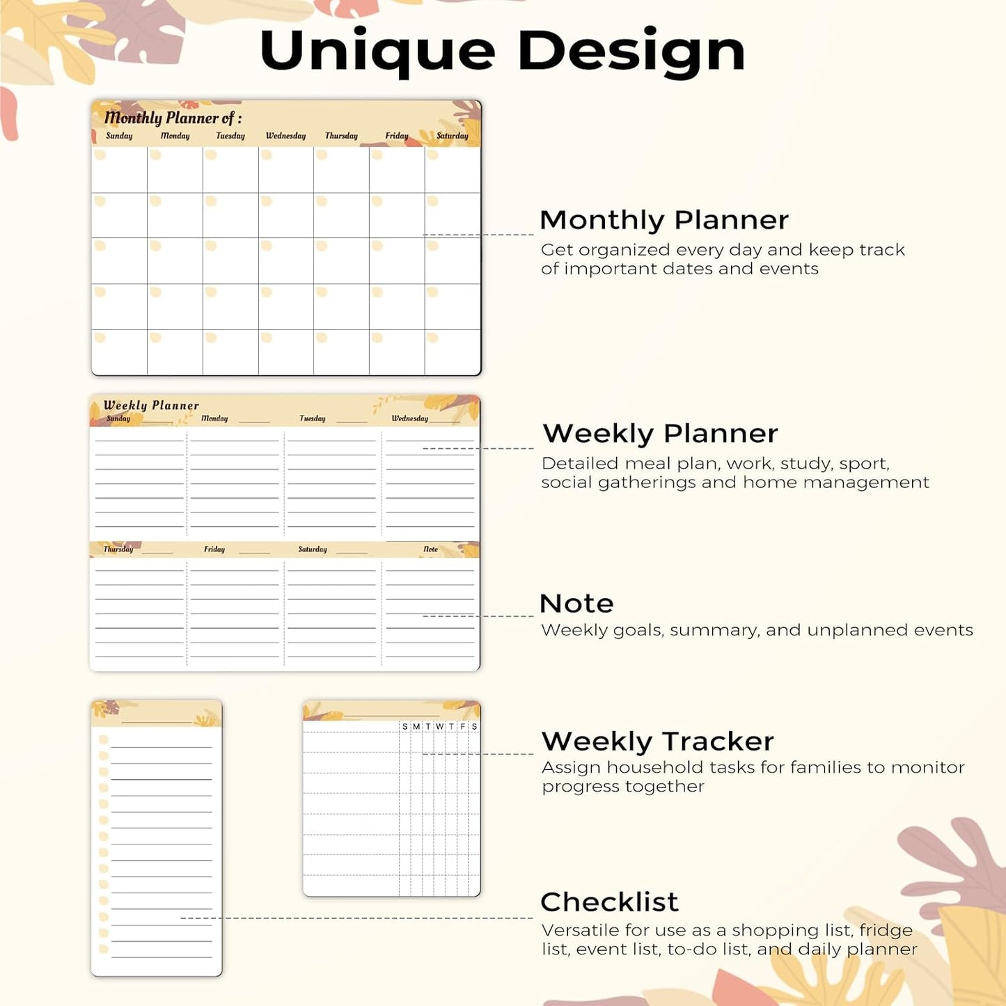 Refrigerator Calendar Magnetic, 16.3x11.7” (4-Pack) – Weekly & Monthly Planner, Chore Chart, Grocery/to-Do List for Fridge, Includes 8 Markers, 6 Magnets & 1 Eraser for Kitchen, Yellow